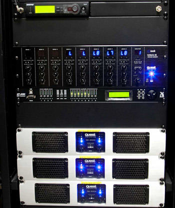 Quest amplifier power and Quest Q Matrix 88 mixer in the control room